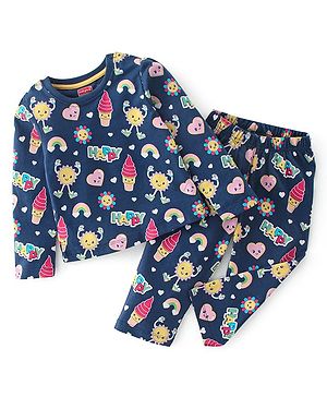 Babyhug Cotton Knit Full Sleeves Night Suit With Ice Cream Theme Print - Navy Blue