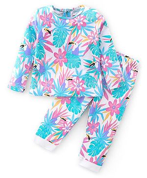 Babyhug Cotton Knit Full Sleeves Night Suit With Tropical Print - Pink & Blue
