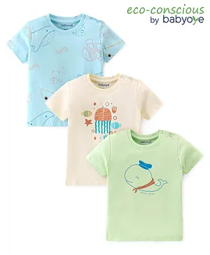 Babyoye 100% Cotton with Eco Jiva Finish Half Sleeves T-Shirt Aquatic Animal Print - Blue Green & Cream