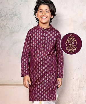 Earthy Touch 100% Cotton Knit Full Sleeves Kurta Floral Print - Maroon