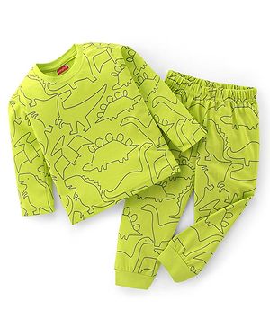 Babyhug Cotton Knit Full Sleeves Night Suit with Dino Print - Green