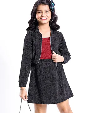 Hola Bonita Knitted Full Sleeves Jacket & Skirt With Inner Top Metallic Fabric - Black & Maroon