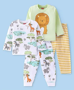 Babyhug Cotton Knit Full Sleeves Night Suits Safari Print Pack of 2 - Green & White