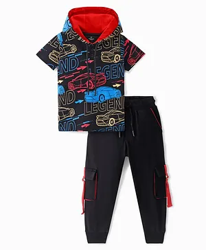 Ollington St. 100% Cotton Knit Half Sleeves T-Shirt & Joggers With Cars Print - Black