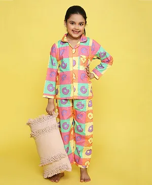 Knitting Doodles Pure Cotton Poplin Full Sleeves Donuts Blocks Printed Coordinating Night Suit - Multi Colour