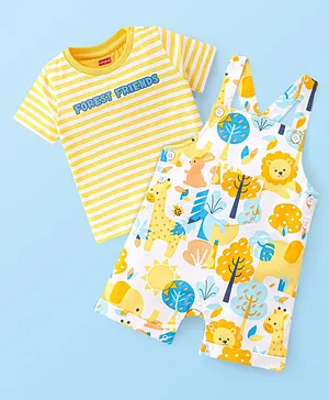 Babyhug Single Jersey Cotton Knit Dungaree with Half Sleeves Inner Tee Stripes & Jungle Safari Print - Yellow