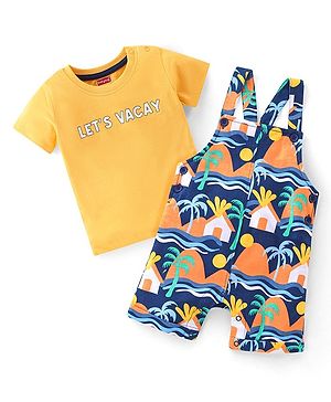 Babyhug 100% Cotton Knit Dungaree and Half Sleeves T-Shirt Set Text & Beach Theme - Blue & Yellow