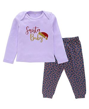 Kadam Baby Cotton Christmas Theme Full Sleeves Santa Baby Text Printed Sweatshirt & Joggers Set - Purple & Multi Colour