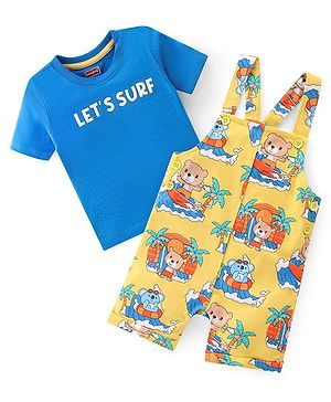 Babyhug 100% Cotton Knit Dungaree and Half Sleeves T-Shirt Set Text & Teddy Print - Blue & Yellow