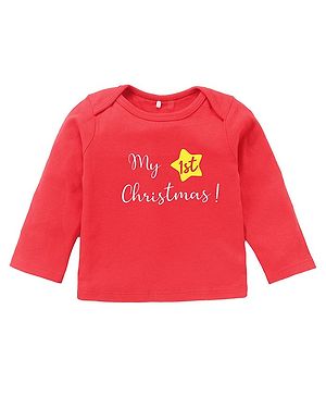 Kadam Baby Christmas Theme Full Sleeves My First Christmas Text Printed Tee - Red