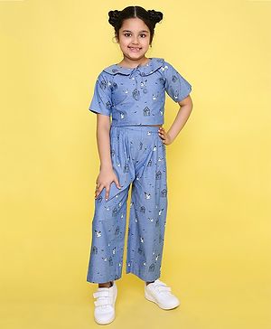 Knitting Doodles Pure Cotton Chambray Half Sleeves Birds Printed Crop Top With Coordinating Pant - Blue