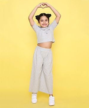 Knitting Doodles Pure Cotton Half Sleeves Polka Dots Printed Crop Top With Flared Pant - Grey