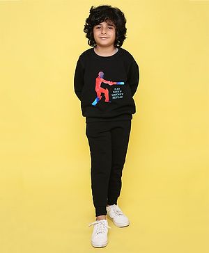 Knitting Doodles Full Sleeves Cricket Printed Warm Fleece Sweatshirt & Joggers - Black