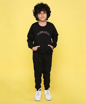 Knitting Doodles Full Sleeves Placement Happiness Text Embroidered Warm Fleece Joggers Set - Black