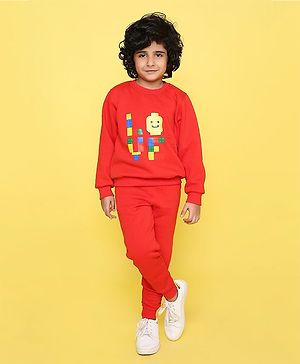 Knitting Doodles Full Sleeves Lego Puzzle Printed Warm Fleece Joggers Set - Red