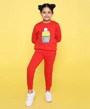Knitting Doodles Full Sleeves Placement Cupcake Printed & Pom Pom Detailed Fleece Jogger Set - Red