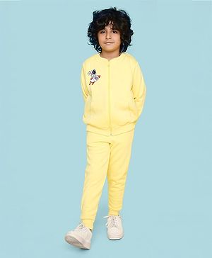 Knitting Doodles Full Sleeves Placement Rocket Printed Fleece Jogger Set - Yellow