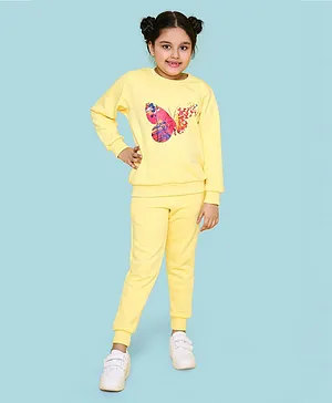 Knitting Doodles Full Sleeves Placement Butterfly Printed Warm Fleece Joggers Set - Yellow