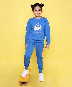 Knitting Doodles Full Sleeves Unicorn Printed Warm Fleece Sweatshirt & Joggers Set  - Blue