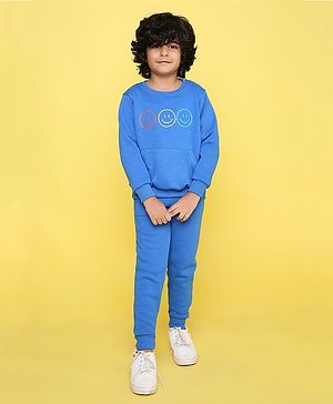 Knitting Doodles Full Sleeves Smiley  Printed Fleece Sweatshirt & Joggers Set  - Blue