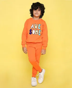 Knitting Doodles Full Sleeves Awesome Text Embroidered Sweatshirt & Joggers Set  - Orange
