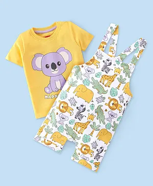 Babyhug 100% Cotton Single Jersey Knit Wild Animal Printed Dungaree and Half Sleeves T-Shirt Set - Yellow & Multicolour