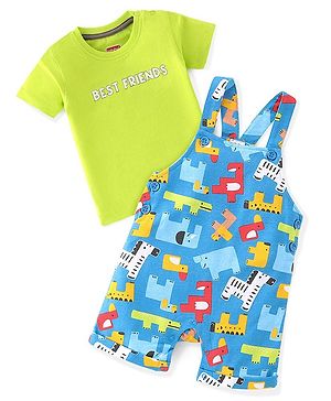 Babyhug Cotton Knit Zebra Printed Dungarees & Half Sleeves Inner Tee Set - Green & Blue