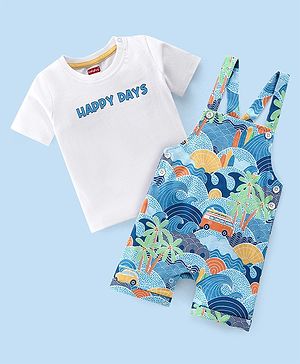 Babyhug 100% Cotton Single Jersey Knit Palm Tree Printed Dungaree and Half Sleeves T-Shirt Set - White & Light Blue