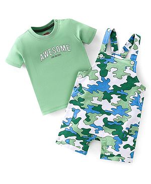 Babyhug 100% Cotton Single Jersey Knit Camouflage Printed Dungaree and Half Sleeves T-Shirt Set - Green