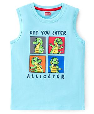Babyhug Cotton Sleeveless Tank T-Shirt with Alligator Graphics - Light Blue