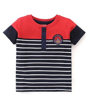 Babyhug Cotton Half Sleeves Striped T-Shirt With Marrowing Detailing - Red & Navy