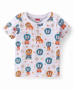 Babyhug 100% Cotton Knit Half Sleeves T-Shirt with Lion Graphics - White