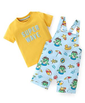 Babyhug 100% Cotton Knit Dungaree & Half Sleeves T-Shirt Set Text & Crocodile Print - Light Blue & Yellow