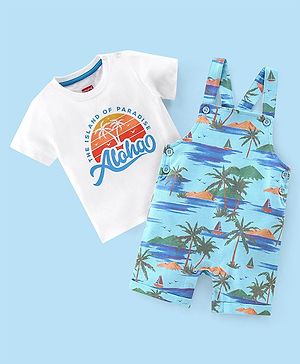Babyhug 100% Cotton Single Jersey Knit Palm Tree  Printed Dungaree and Half Sleeves T-Shirt Set - White & Light Green