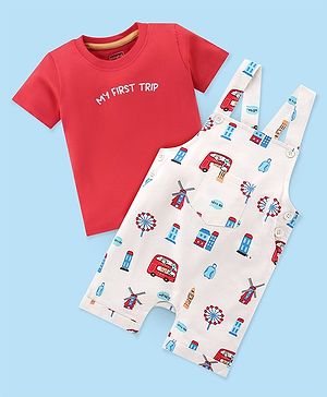 Babyhug Cotton Knit City Printed Dungaree with Half Sleeves Inner Tee - Red & White