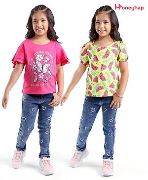 Honeyhap Premium 100% Cotton Knit Half Sleeves Tops With Bio Finish Floral & Butterfly Print Pack of 2 - Sunny Lime & Magenta