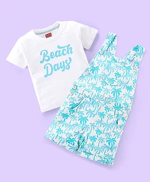 Babyhug 100% Cotton Knit Dungaree & Half Sleeves T-Shirt Text & Tropical Print - White & Blue
