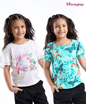 Honeyhap Premium 100%  Cotton Half Sleeves  Tops with Bio Finish Floral Print Pack of 2 - White & Blue