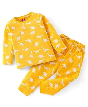 Babyhug Cotton Knit Full Sleeves Dino Printed Night Suit - Yellow