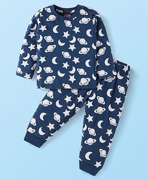 Babyhug Single Jersey Full Sleeves Night Suit Stars Print - Navy Blue