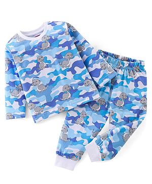 Babyhug Cotton Knit Full Sleeves Dino Printed Night Suit - Blue