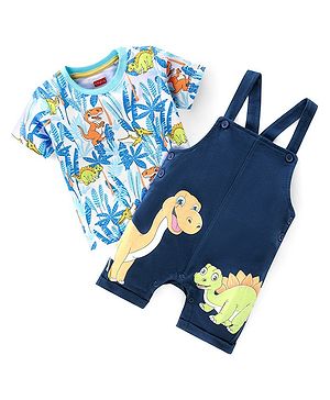 Babyhug 100% Cotton Knit Single Jersey Dungaree and Half Sleeves T-Shirt Set Dino Print - Blue
