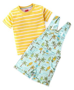 Babhyhug 100% Cotton Single Jersey Palm Tree Printed Dungaree with Half Sleeves Striped Inner Tee - Yellow & Multicolor
