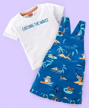 Babyhug Cotton Knit Beach Printed Dungaree with Half Sleeves Inner Tee - White Melange & Blue
