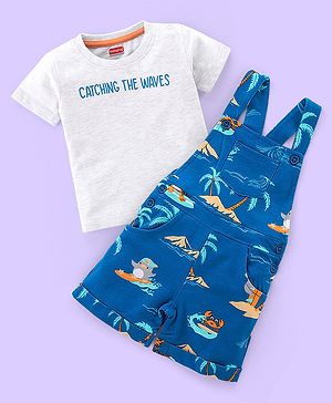Babyhug Cotton Knit Beach Printed Dungaree with Half Sleeves Inner Tee - White Melange & Blue