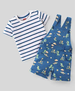 Babyhug 100% Cotton Knit Dungaree & Half Sleeves T-Shirt Set Striped & Crocodile Print - Blue & White