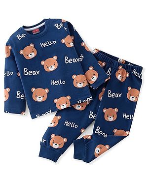 Babyhug Single Jersey Knit Full Sleeves Teddy Printed Night Suit - Navy Blue
