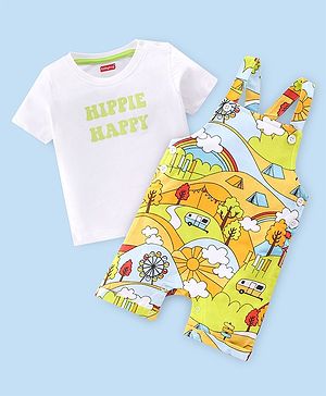 Babyhug 100% Cotton Single Jersey Knit Scenery Theme Dungaree With Half Sleeves T-Shirt - White & Multicolor