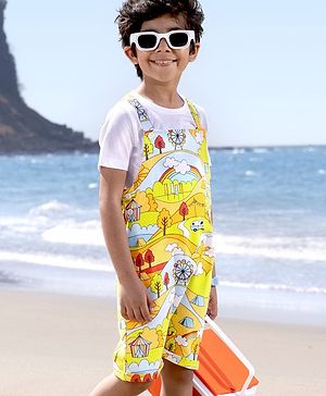 Babyhug 100% Cotton Single Jersey Knit Scenery Theme Dungaree With Half Sleeves T-Shirt - White & Multicolor