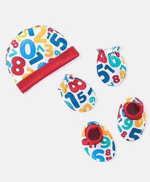 Babyhug 100% Cotton Knit Cap Mittens & Booties Set Numbers Print - Red & White